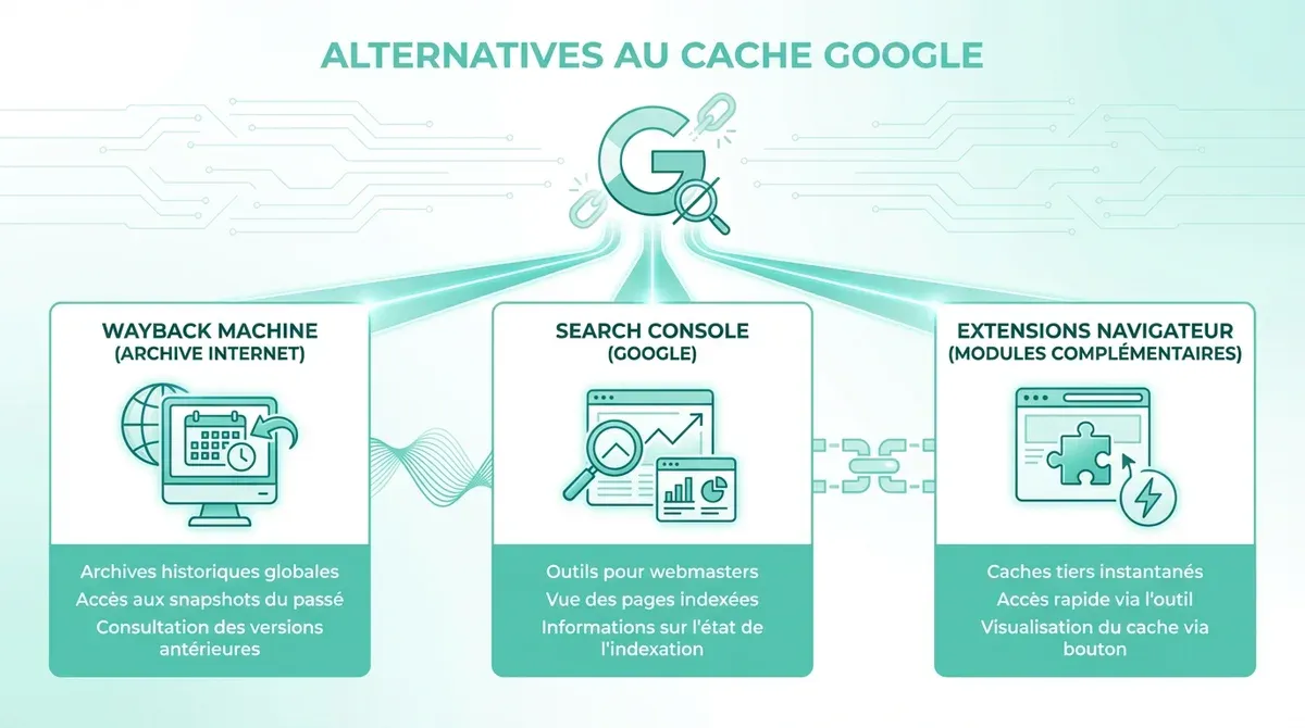 Infographie résumant les 3 principales alternatives au cache Google : Wayback Ma
