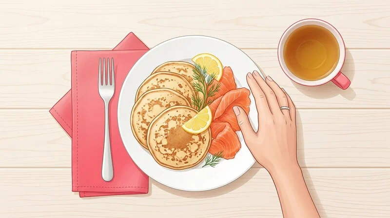 Assiette de blinis et saumon fumé sur une table de brunch avec une main hésitante au-dessus