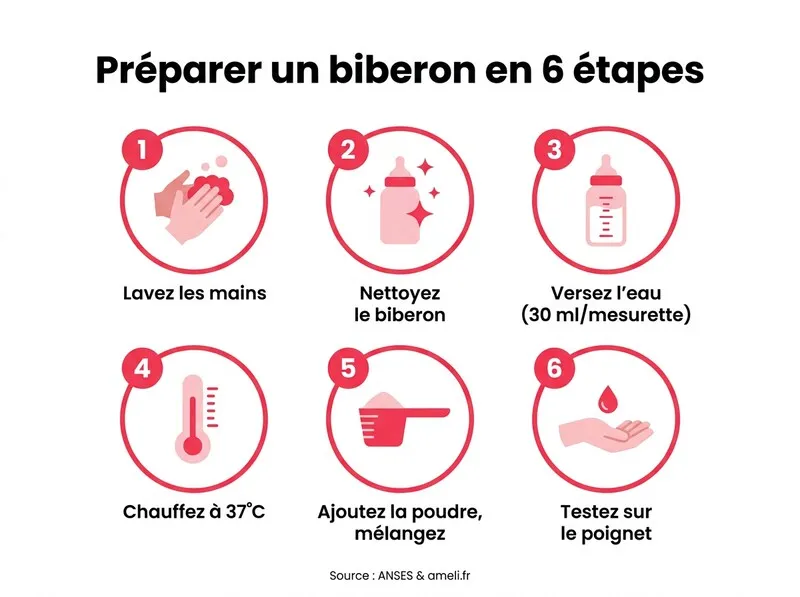 Infographie en 6 étapes pour préparer un biberon : lavage des mains, nettoyage, dosage eau, chauffage à 37°C, ajout de la poudre et test température