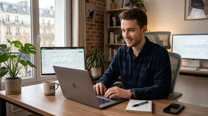 Consultant en référencement Shopify travaillant sur son ordinateur