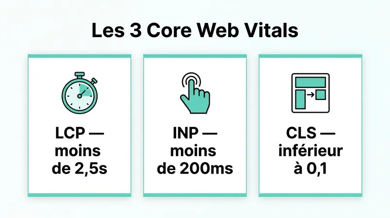 Schéma des trois Core Web Vitals : LCP, INP et CLS expliqués visuellement