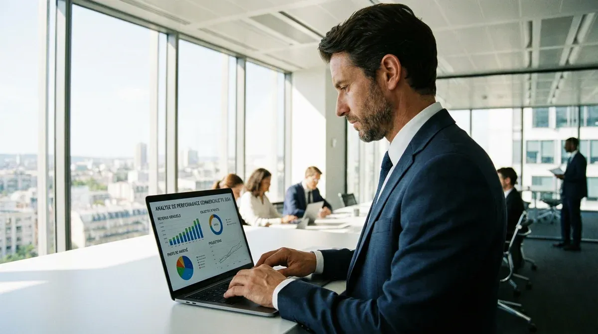 Commercial en costume devant son ordinateur portable analysant des graphiques de performance commerciale