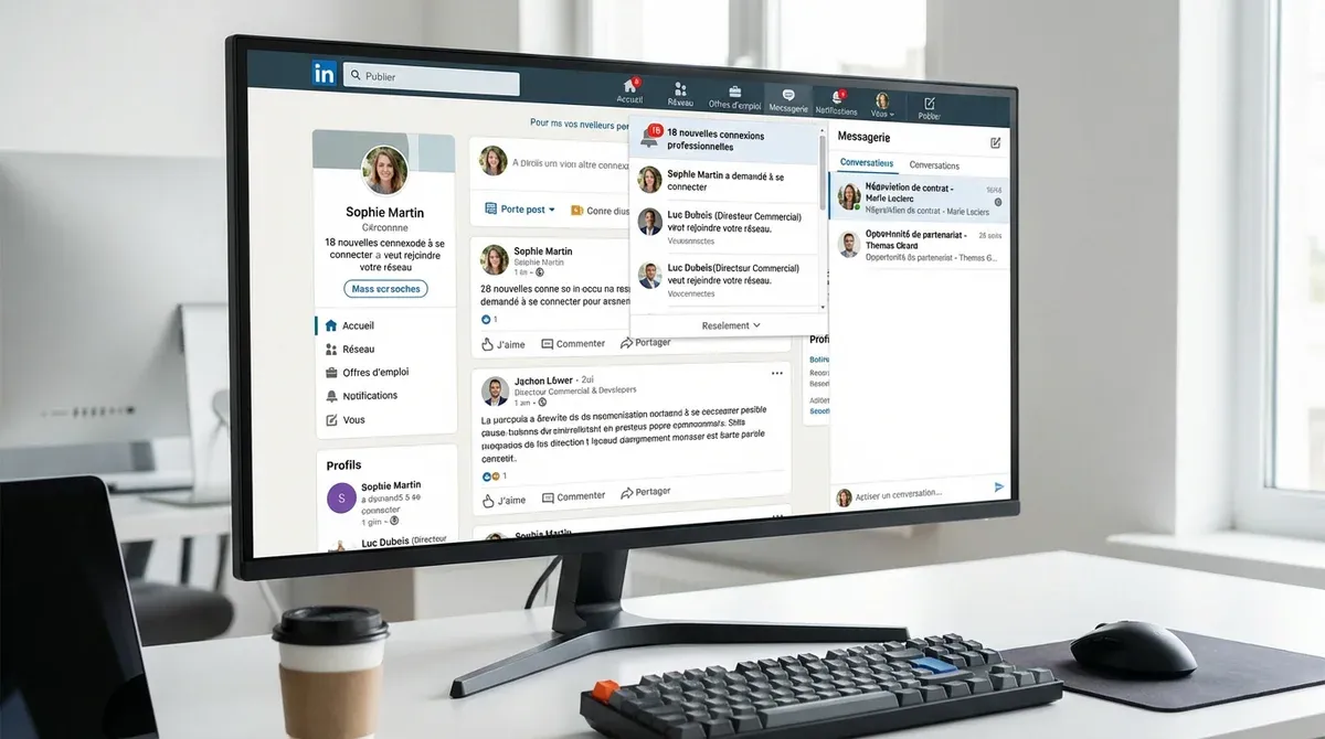 Écran d'ordinateur affichant l'interface LinkedIn avec des notifications de connexions professionnelles