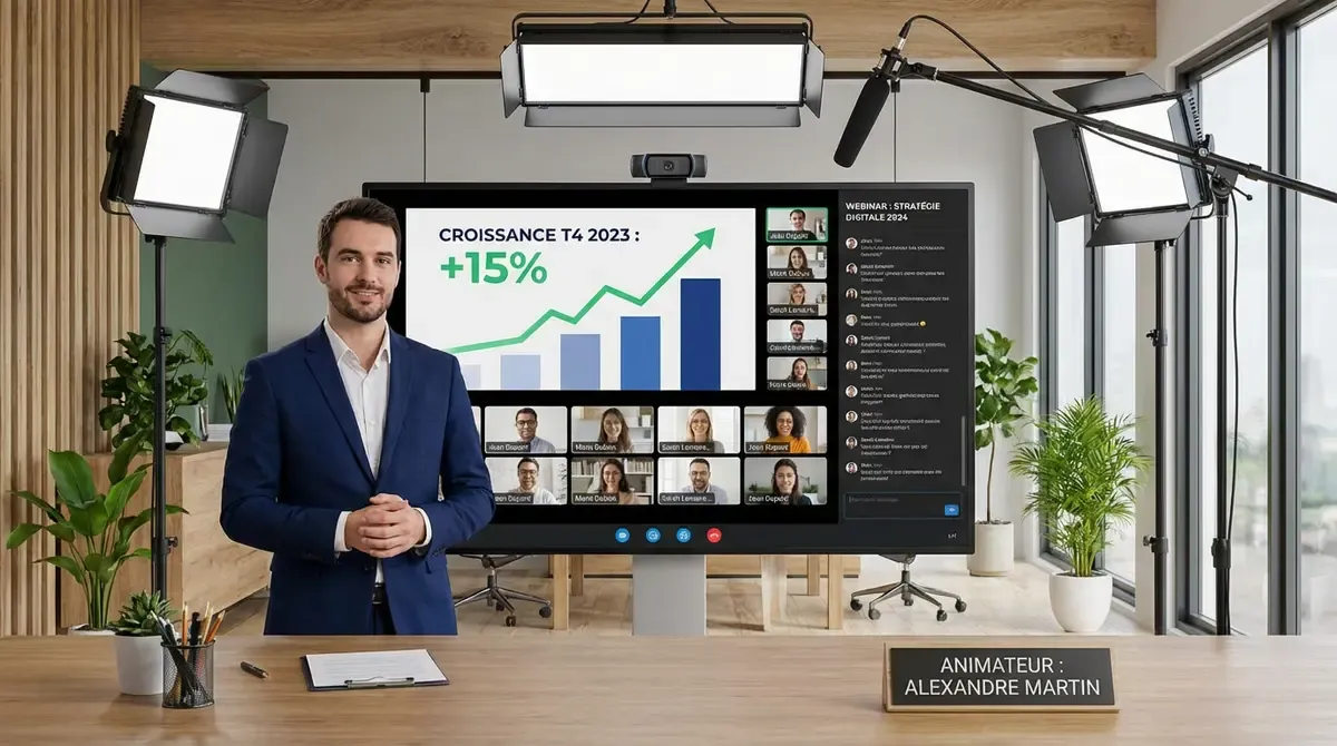 Animateur professionnel présentant un webinar devant son écran avec des graphiques et des participants