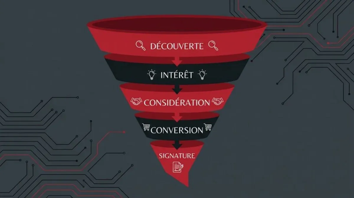 Entonnoir de conversion marketing digital montrant les étapes du parcours client
