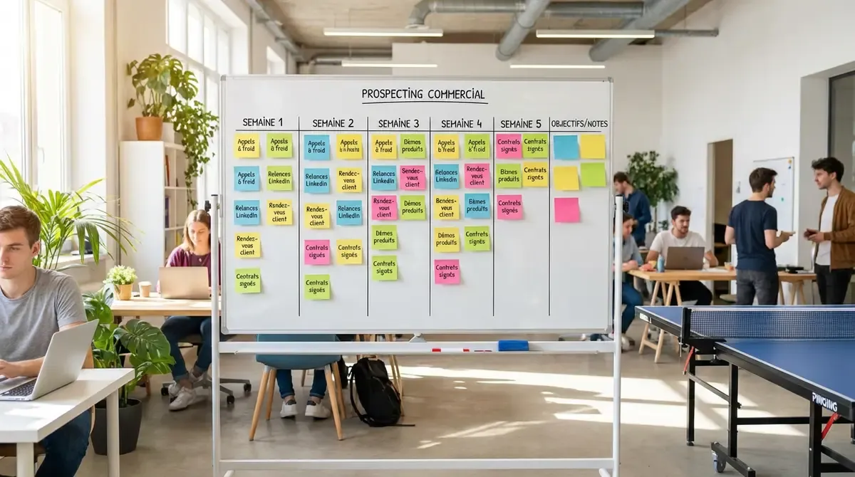 Tableau blanc avec post-its colorés représentant un planning de prospection commerciale