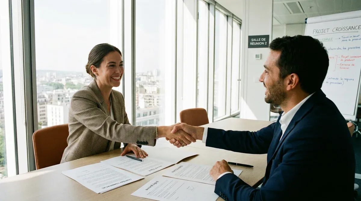 Femme d'affaires souriante serrant la main d'un client après la signature d'un contrat