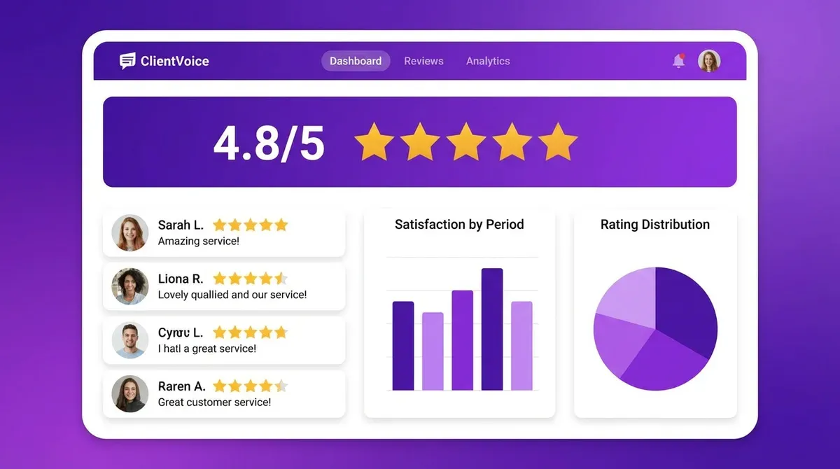 Interface gestion des avis avec étoiles et graphiques satisfaction