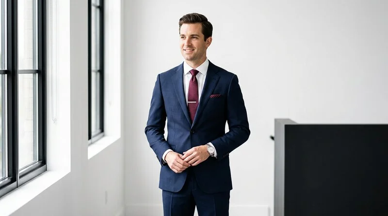 Homme en costume bleu marine ajusté, chemise blanche et cravate bordeaux, tenue de mariage élégante