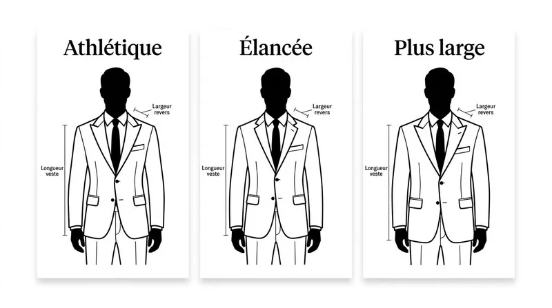 Infographie comparant les coupes de costume selon les morphologies athlétique, élancée et plus large