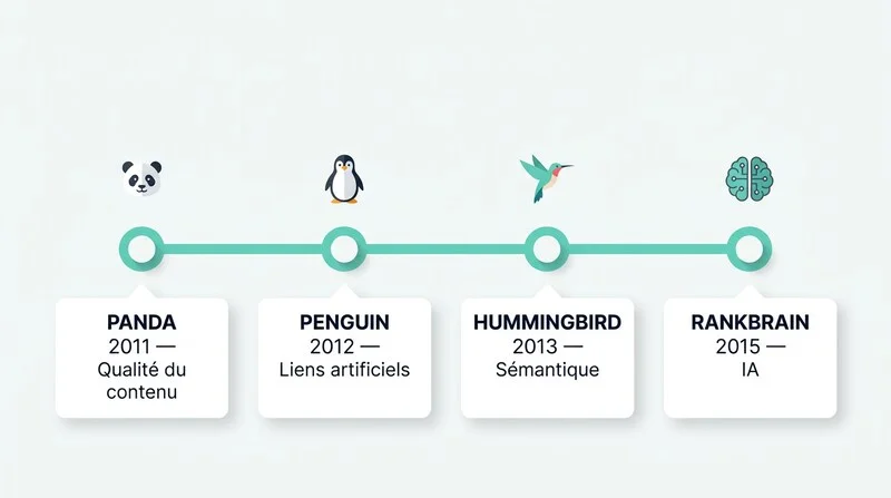 Frise chronologique des algorithmes Google Panda Penguin Hummingbird RankBrain de 2011 à 2015
