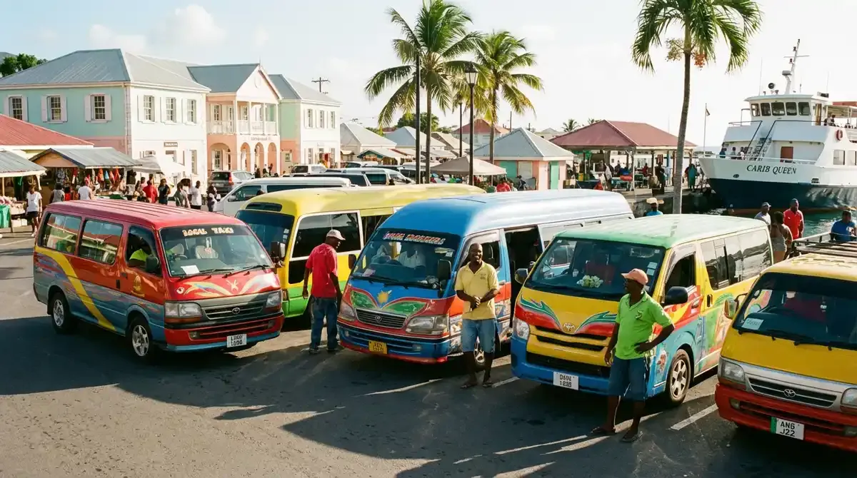 Colorful local taxi vehicles parked near Charlestown ferry terminal Nevis, Caribbean architectural buildings in background, palm trees, local Nevisian