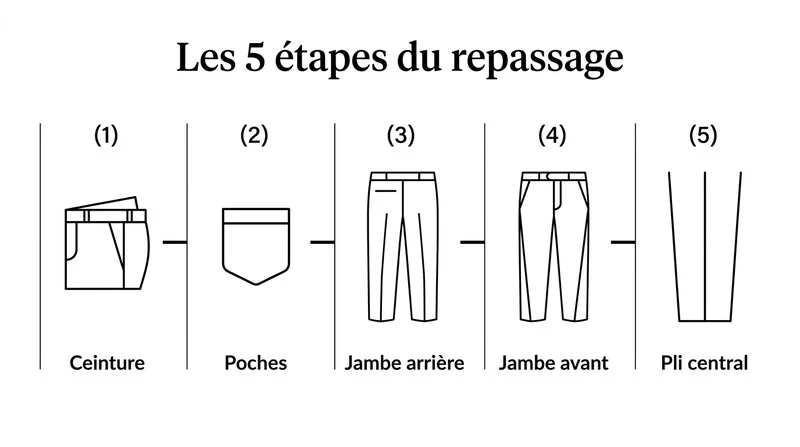 Infographie noir et blanc des cinq étapes pour repasser un pantalon de costume