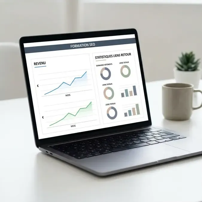 Formation en ligne sur ordinateur avec graphiques de revenus SEO et statistiques de backlinks, style professionnel minimaliste