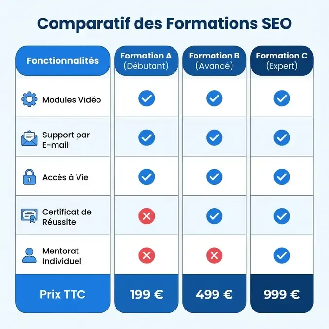Comparaison visuelle de différentes formations SEO avec tableaux de prix et fonctionnalités, design moderne épuré
