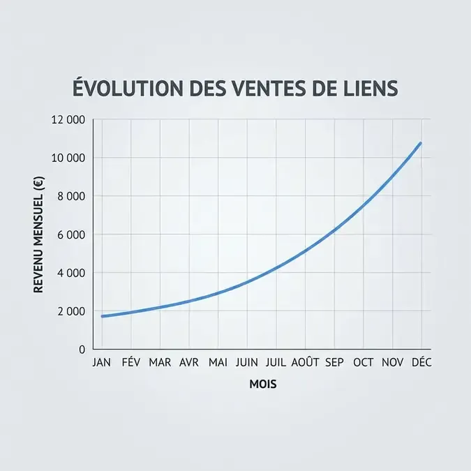 Graphique d'évolution des revenus mensuels sur 12 mois dans le business de vente de liens, courbe ascendante réaliste
