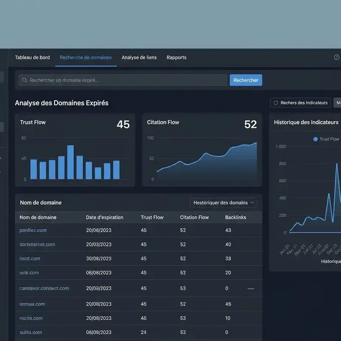 Interface d'outil SEO montrant l'analyse d'un nom de domaine expiré avec métriques Trust Flow et Citation Flow