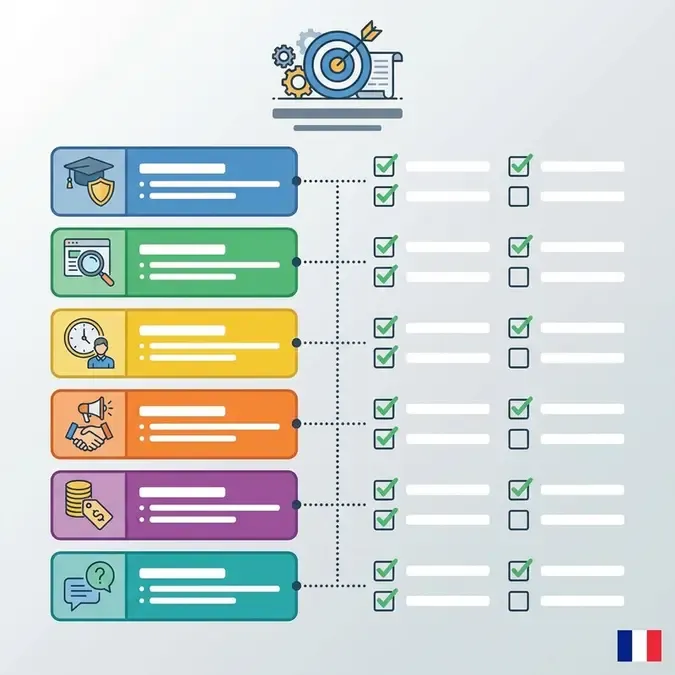 Checklist de critères pour choisir une formation en vente de liens, style infographie professionnelle