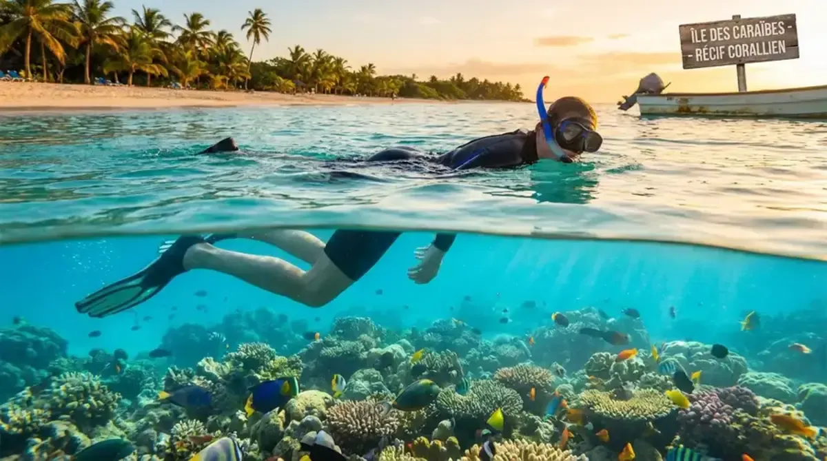 Split underwater and above water shot showing turquoise Caribbean sea with snorkeler and coral reef