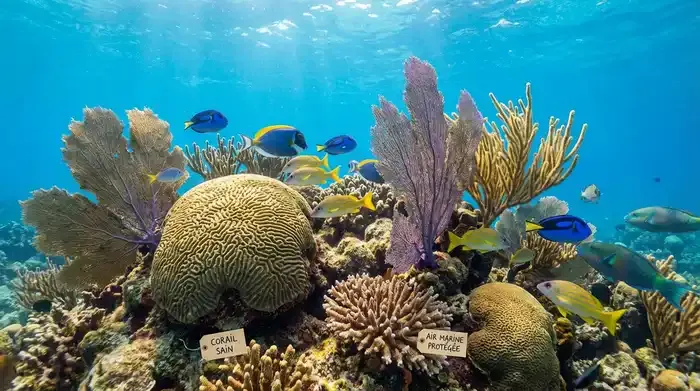 Close-up of healthy Caribbean coral reef with diverse coral species and tropical fish