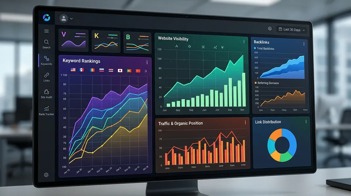 Dashboard d'une suite SEO avec métriques