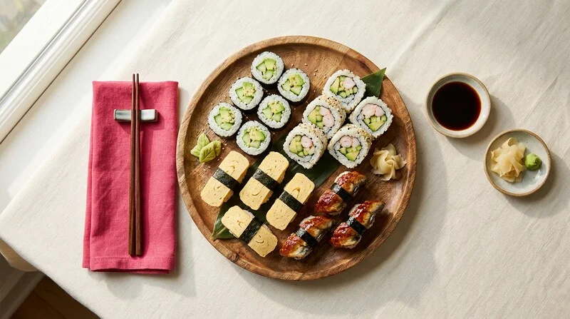 Plateau de sushis compatibles grossesse avec makis au concombre, california rolls cuits et nigiri à l'omelette