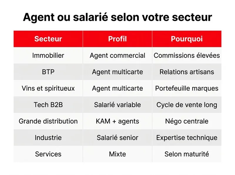 Infographie comparant le profil commercial recommandé selon sept secteurs d activité, immobilier, BTP, vins, tech B2B, grande distribution, industrie et services