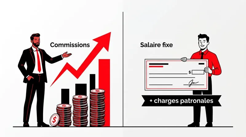 Illustration comparant la rémunération à la commission d'un agent commercial indépendant et le salaire fixe d'un commercial en CDI avec charges patronales