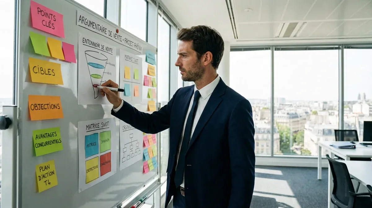 Commercial en train de préparer son argumentaire devant un tableau avec notes et post-its colorés