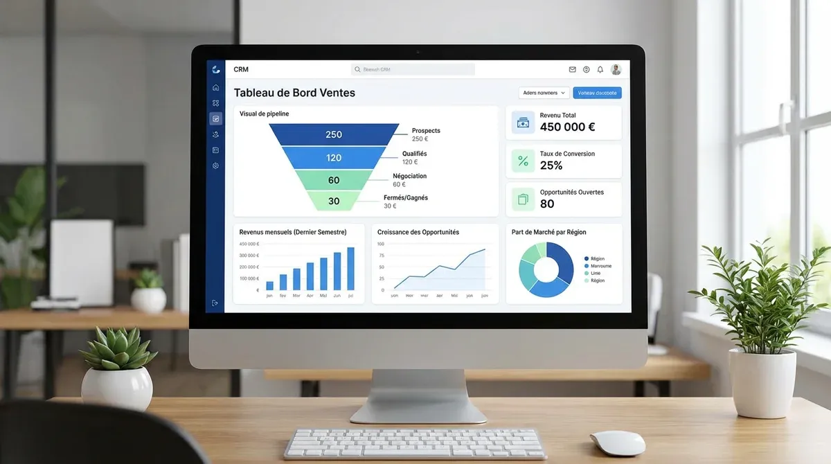 Interface d'un logiciel CRM montrant un tableau de bord avec pipeline de vente et statistiques