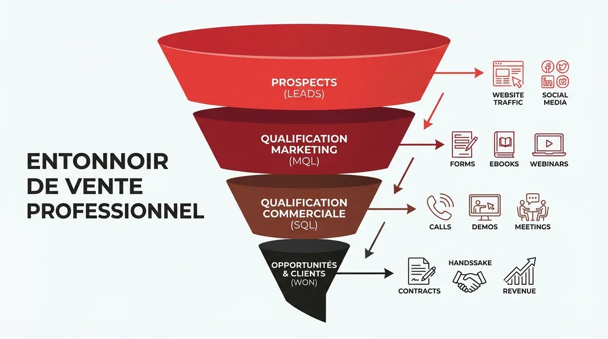 Représentation visuelle d'un entonnoir de vente avec les différentes étapes de qualification des pro