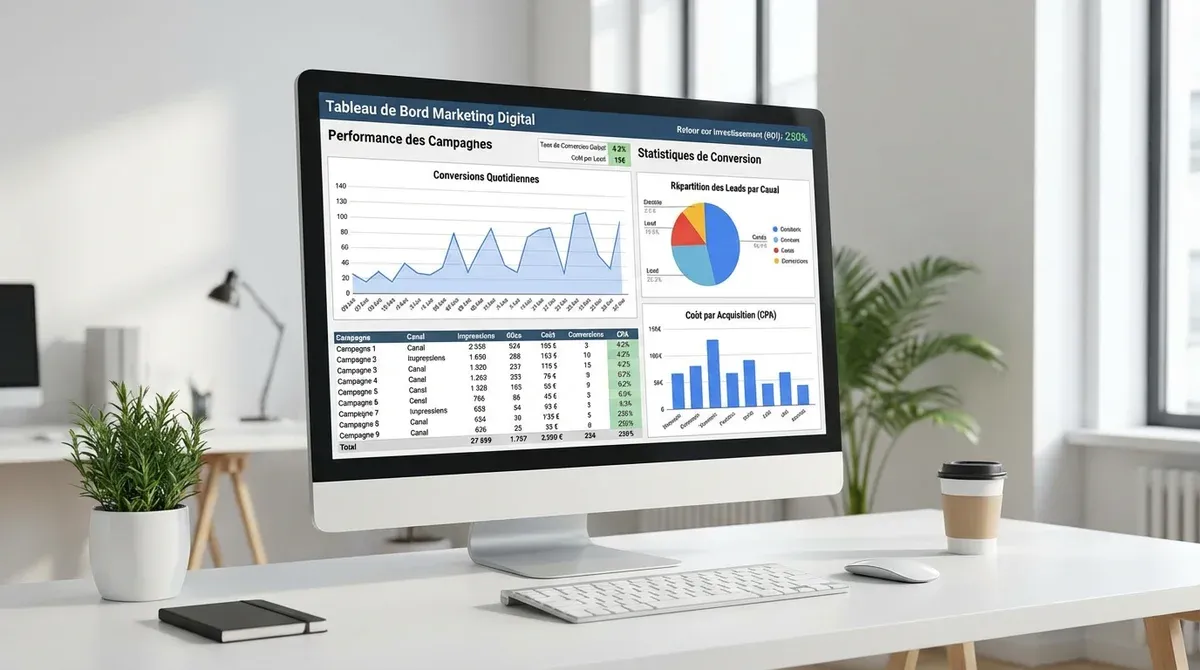 Écran d'ordinateur affichant des statistiques de campagne marketing digital avec graphiques de conve