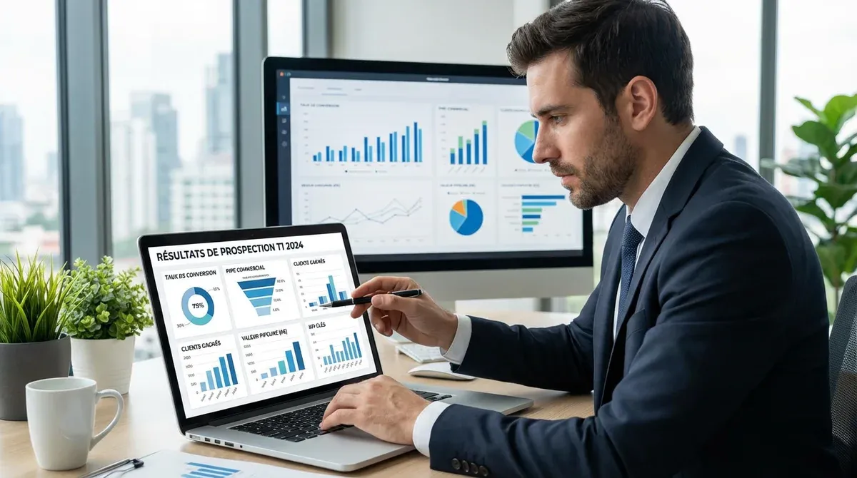 Professionnel analysant ses résultats de prospection sur un tableau de bord avec indicateurs de perf