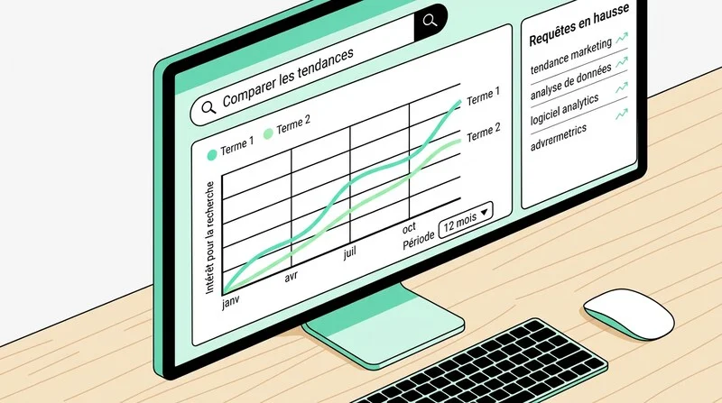 Tableau de bord d'outils de recherche de tendances avec courbes Google Trends
