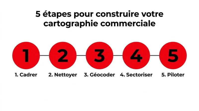 Infographie des cinq étapes de construction d'une cartographie commerciale