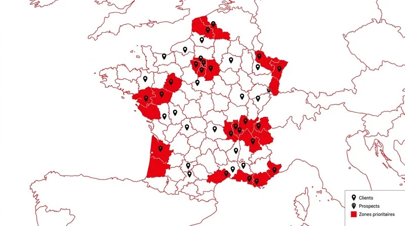 Carte de France sectorisée par zones commerciales avec points clients géolocalisés