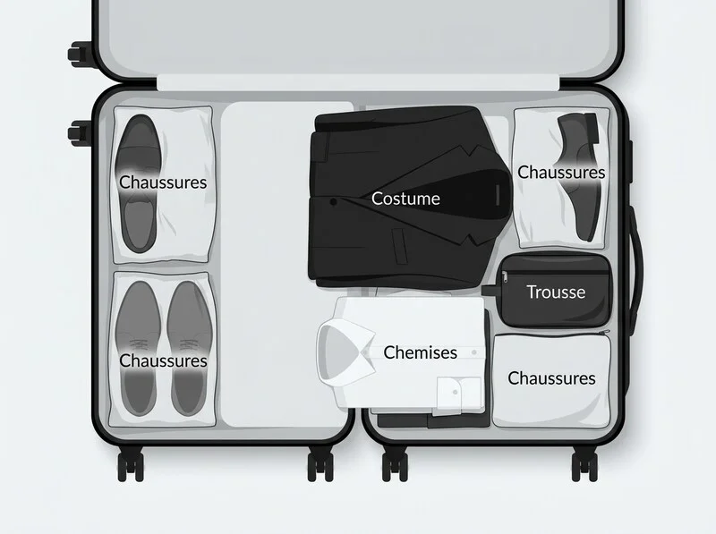 Infographie organisation valise avec costume : placement optimal des vêtements et accessoires