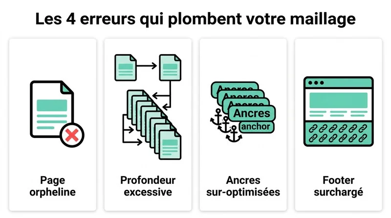 Infographie présentant les erreurs de maillage interne à éviter en SEO