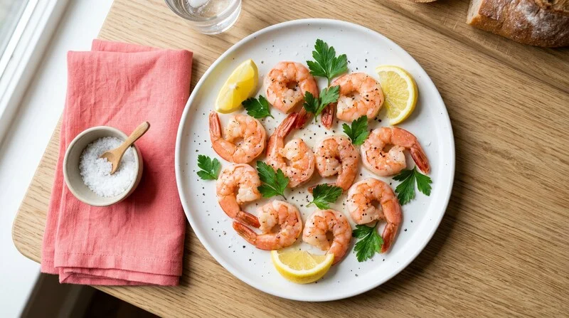 Assiette de crevettes roses bien cuites servies chaudes avec citron pendant la grossesse