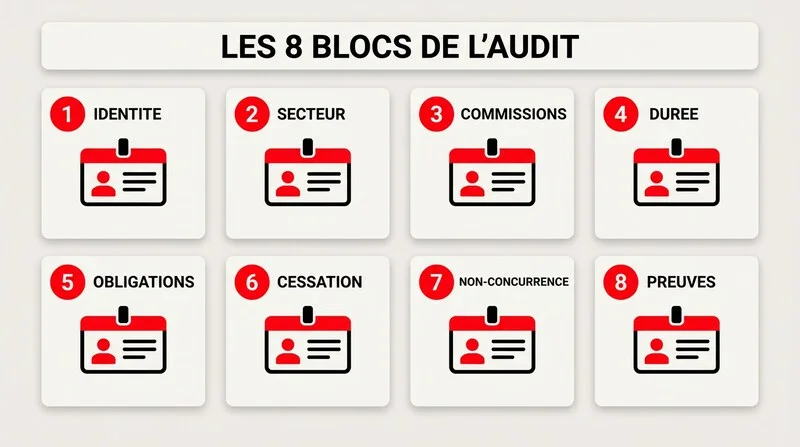 Infographie des huit blocs de l'audit annuel du contrat d'agent commercial
