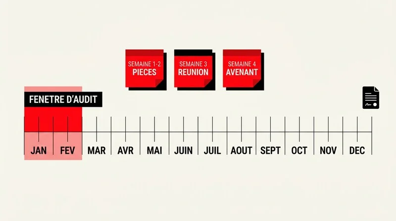 Calendrier annuel d'audit du contrat d'agent commercial avec fenêtre janvier-février