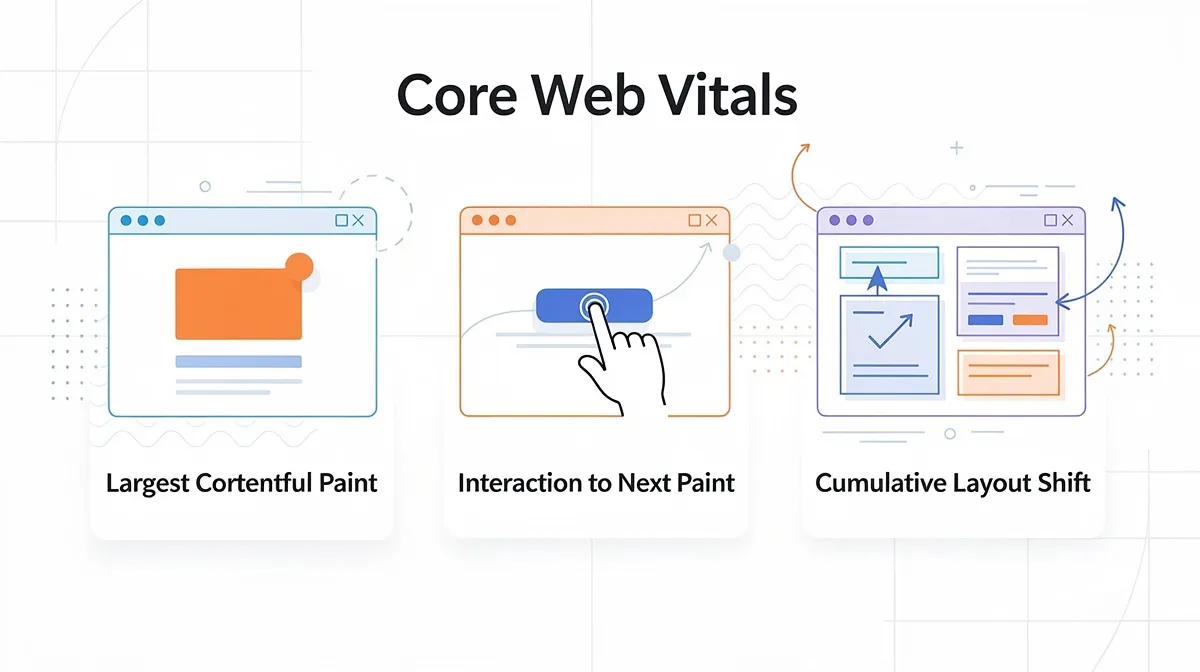 Infographie des Core Web Vitals avec LCP, INP et CLS