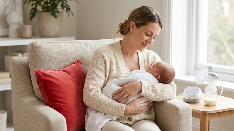 Jeune mère assise dans un fauteuil tenant son bébé endormi dans ses bras, ambiance douce et lumineuse, scène d'allaitement apaisée avec tire-lait à proximité