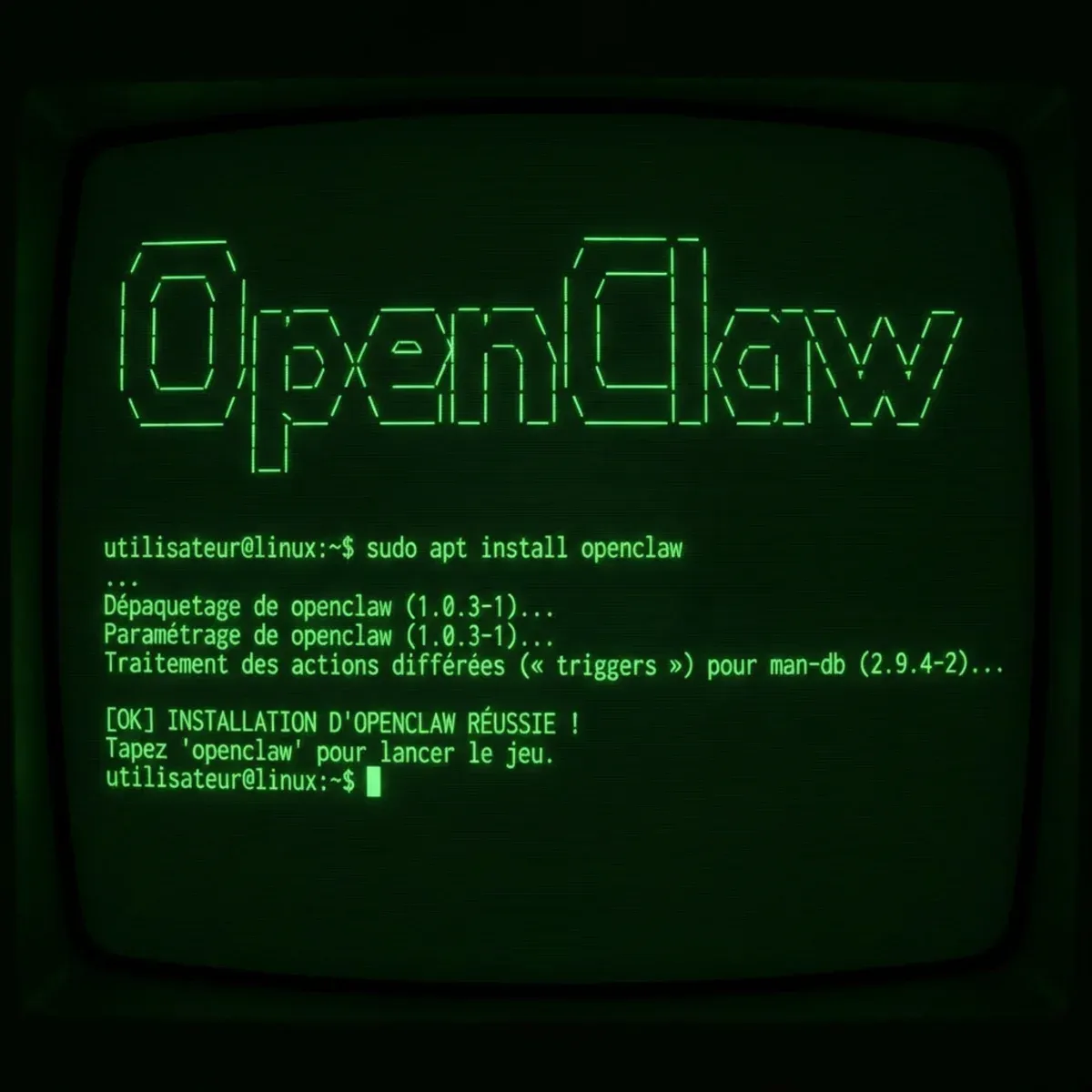 Terminal Linux avec installation OpenClaw réussie