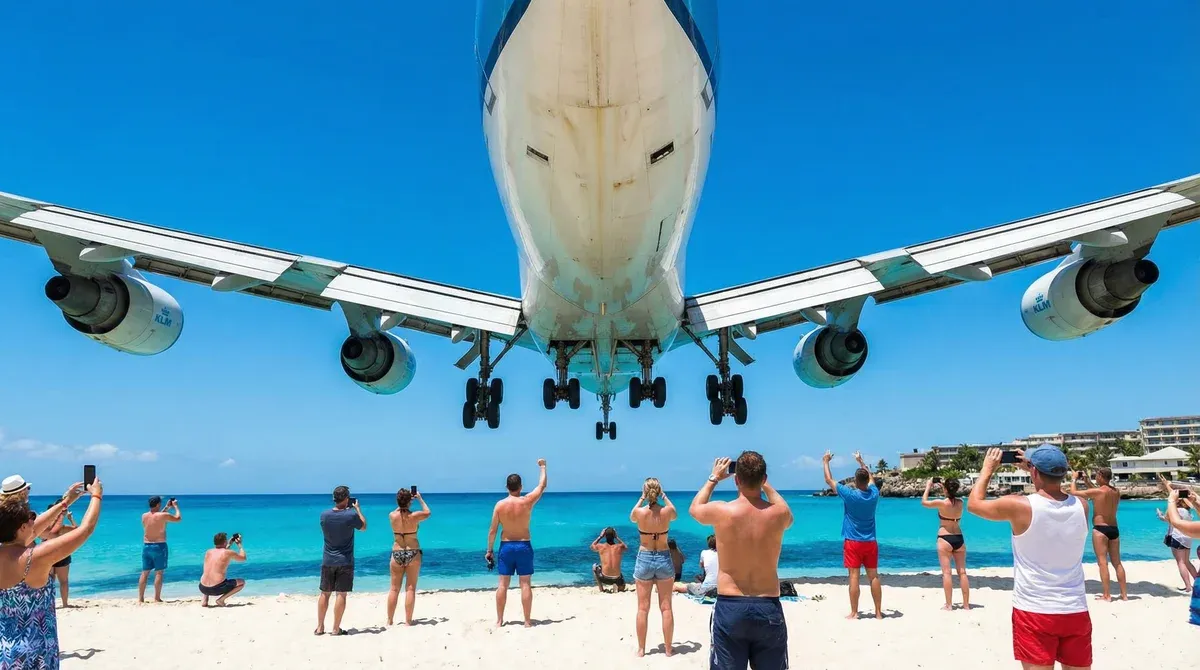 Plane landing over Maho Beach St Maarten