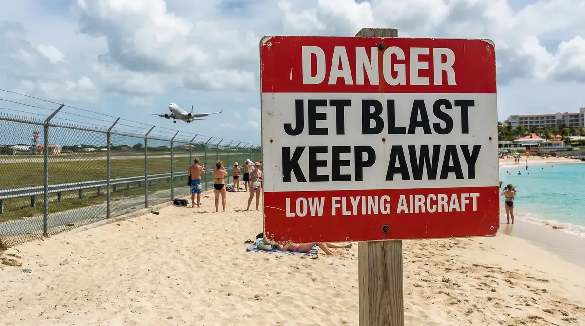 Jet blast warning sign Maho Beach