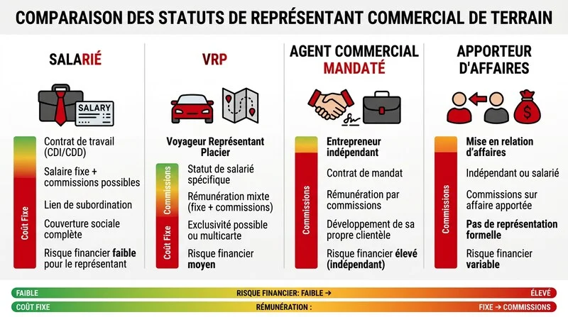 Comparaison des statuts commercial itinérant salarié VRP agent commercial apporteur d'affaires