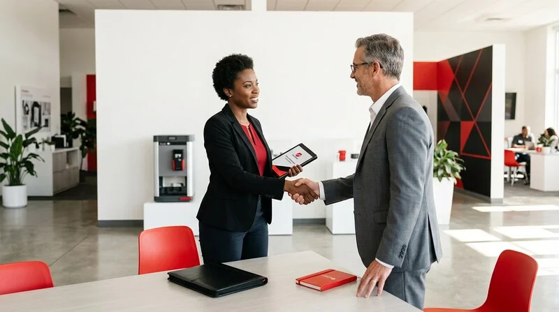 Commercial itinérant en visite client sur son secteur géographique