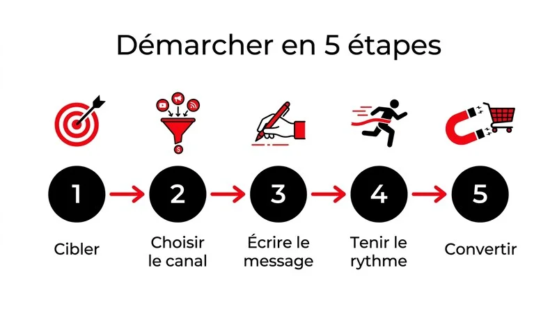 Infographie des 5 étapes pour démarcher des clients : cibler, choisir le canal, écrire le message, tenir le rythme, convertir