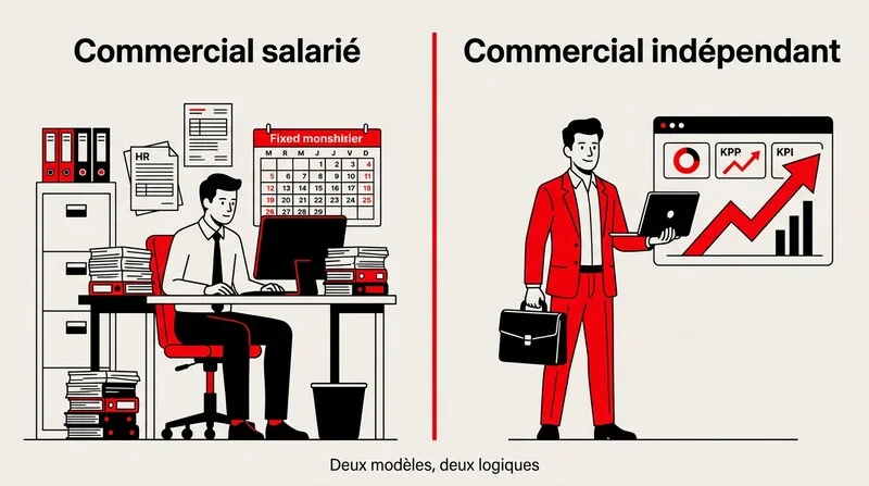 Illustration comparant un commercial salarié et un commercial indépendant pour démarcher des clients